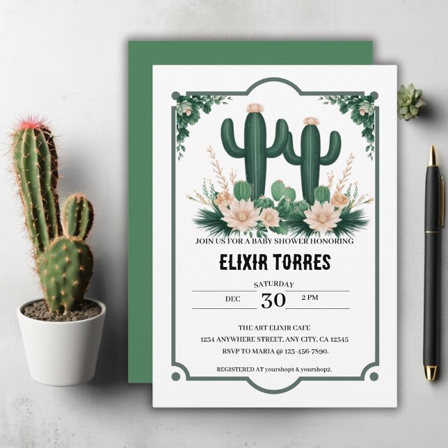 Elegante floral Boho Moderne Cactus Baby Shower Einladung (Von Creator hochgeladen)