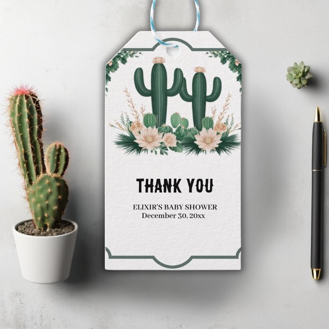Elegante floral Boho Moderne Cactus Baby Shower Geschenkanhänger (Von Creator hochgeladen)