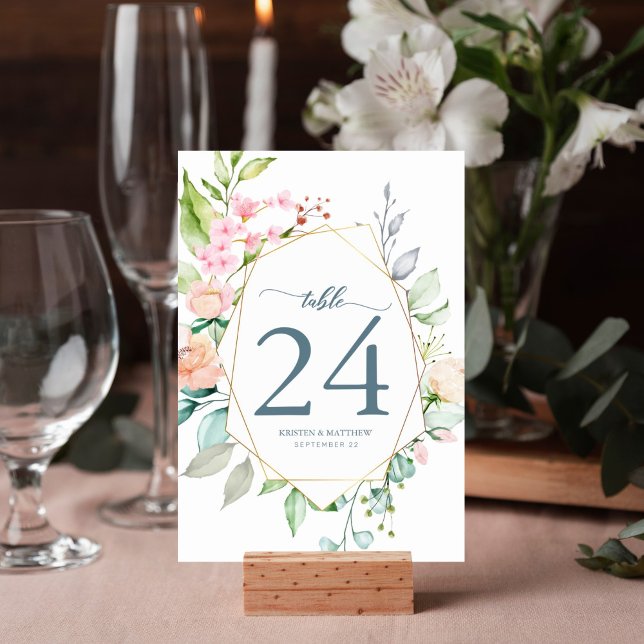 Elegante Floral Boho Wasserfarbe Geometrische Hoch Tischnummer (Spring floral watercolor table number for your reception decor features geometric frame.)