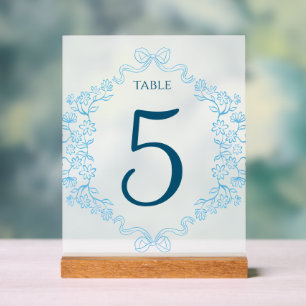 Elegante Floral & Bow Blue Wedding Tischnummer Acrylschild