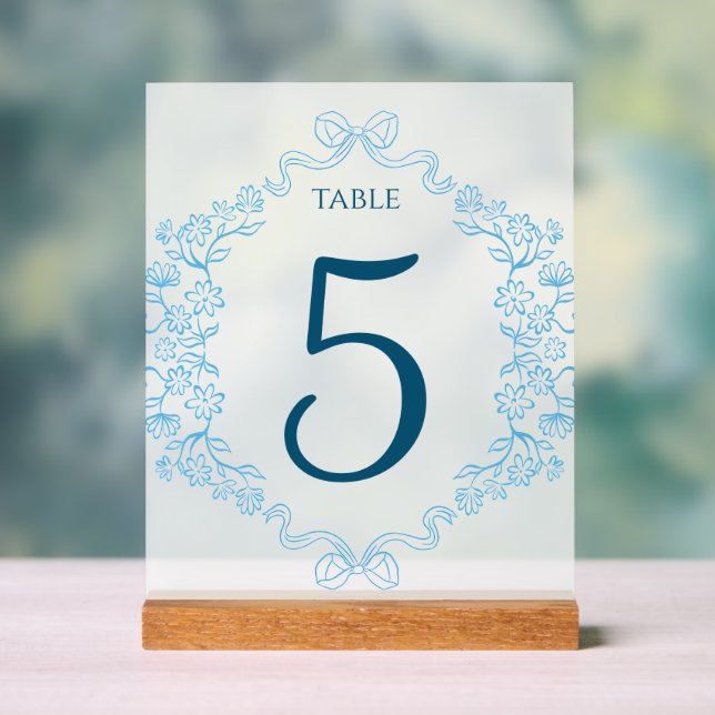 Elegante Floral & Bow Blue Wedding Tischnummer Acrylschild (Neutral)