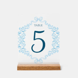 Elegante Floral & Bow Blue Wedding Tischnummer Acrylschild