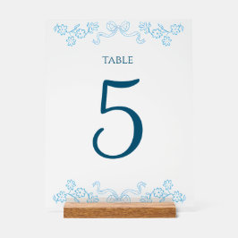 Elegante Floral Bow Chic Blue Wedding Tischnummer Acrylschild