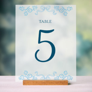 Elegante Floral Bow Chic Blue Wedding Tischnummer Acrylschild