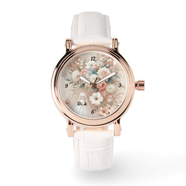 Elegante Floral Bride Watch mit Rose Gold Accents Armbanduhr (Vorderseite)