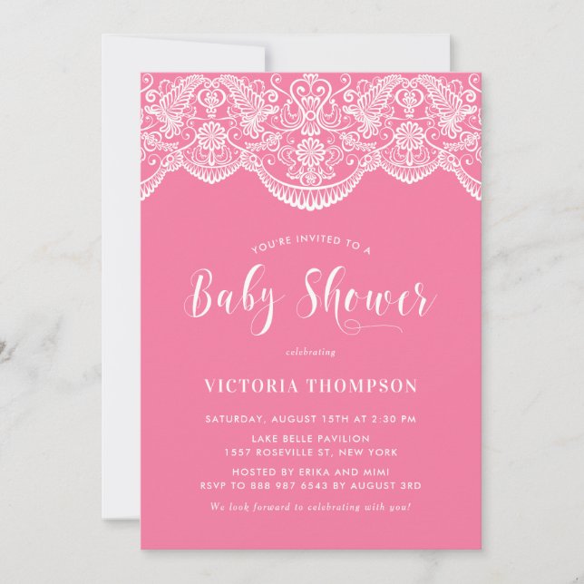 Elegante Floral Brocade Lace Pink Babydusche Einladung (Vorderseite)