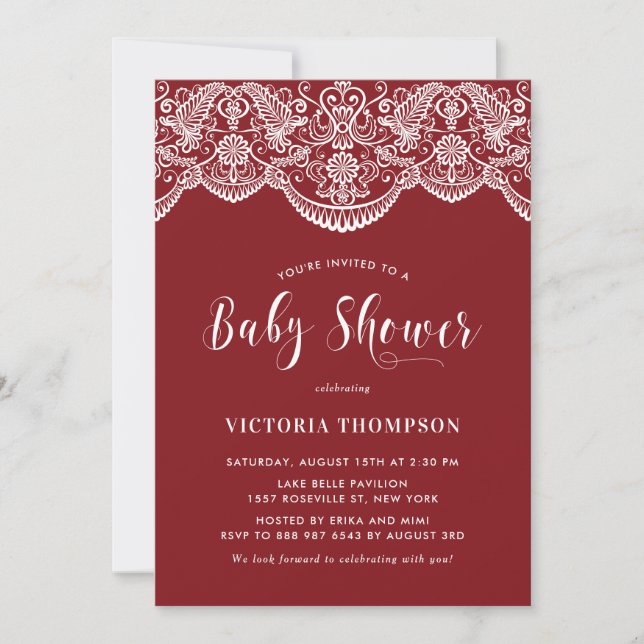 Elegante Floral Brocade Lace Red Baby Dusche Einladung (Vorderseite)