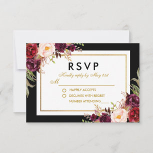 Elegante floral Burgundy Black Gold Wedding RSVP Karte