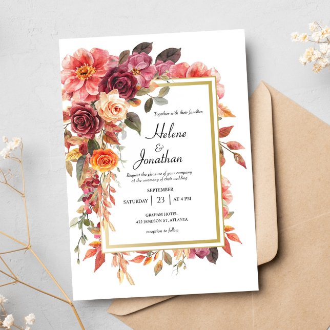 Elegante Floral Burgundy Burnt Orange Hochzeit im  Einladung (Elegant Floral Burgundy Burnt Orange Fall Wedding Invitation)