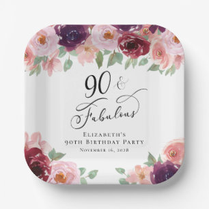 Elegante Floral Burgundy Pink 90. Geburtstagsparty Pappteller