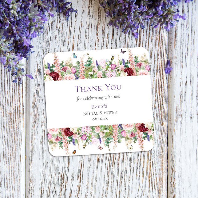 Elegante Floral Butterflies Danke Brautparty Quadratischer Aufkleber (Von Creator hochgeladen)