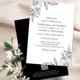 Elegante Floral Corners Wedding Black QR Code Einladung