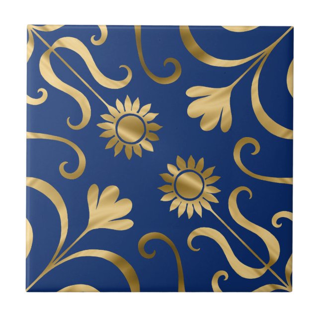 Elegante Floral Damask Navy Blue & Gold Sonnenblum Fliese (Vorderseite)