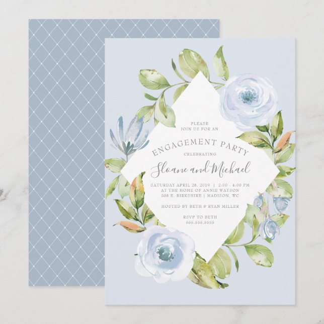 Elegante floral Diamond Dusty Blue Engagement Part Einladung (Vorne/Hinten)