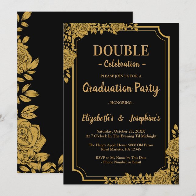 Elegante Floral Double Celebration Graduation Part Einladung (Vorne/Hinten)