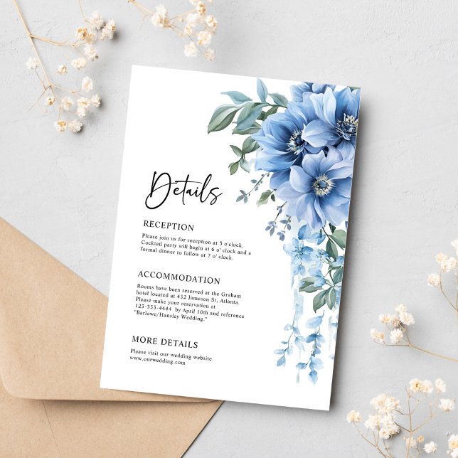 Elegante floral Dusty Blue Wedding Details Begleitkarte (Elegant Floral Dusty Blue Wedding Details Enclosure Card)