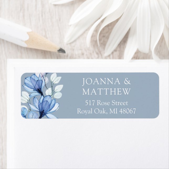 Elegante Floral Dusty Blue Wedding Rücksendeadress (Insitu)