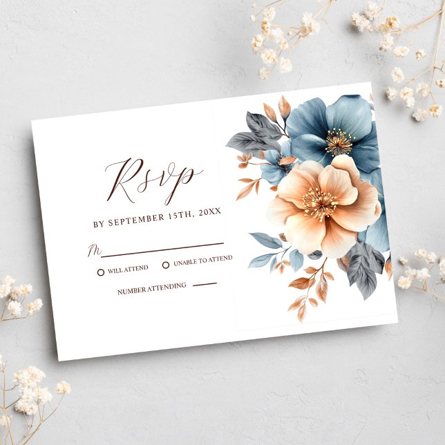 Elegante Floral Dusty RSVP Karte (Elegant Floral Dusty Blue Terracotta Wedding RSVP Card)