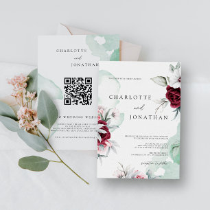 Elegante Floral Emerald Green & Burgundy Wedding Einladung