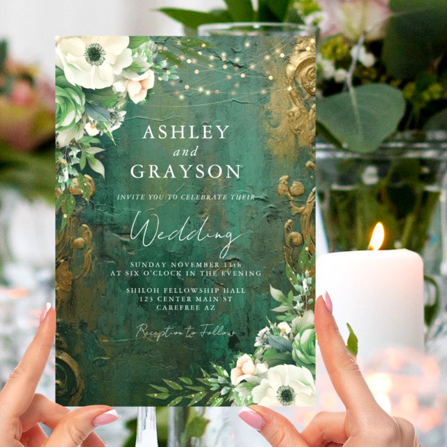 Elegante Floral Emerald Green und Gold Wedding Einladung (Von Creator hochgeladen)