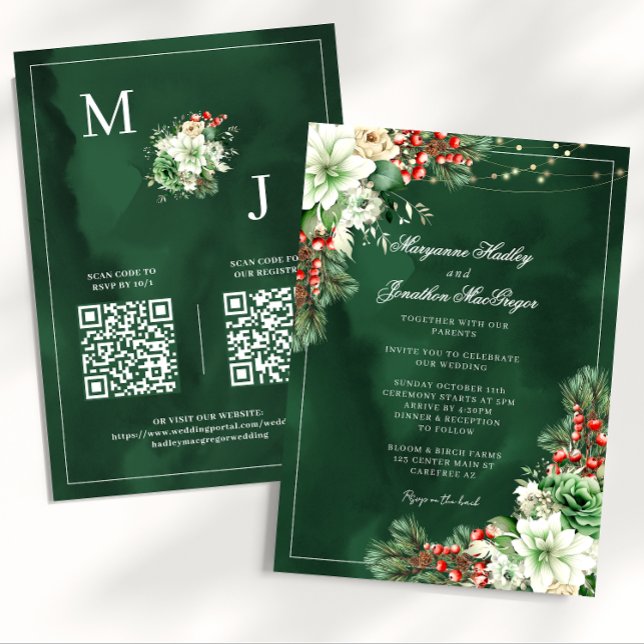 Elegante Floral Emerald Green Winter Wedding Einladung (Von Creator hochgeladen)