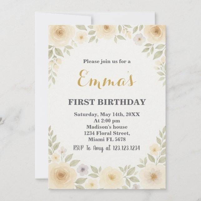 Elegante Floral Erster Geburtstag Einladung (Vorderseite)