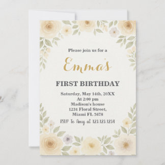 Elegante Floral Erster Geburtstag Einladung