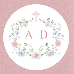 Elegante Floral Frame Religiöse Hochzeitmonogramme Runder Aufkleber