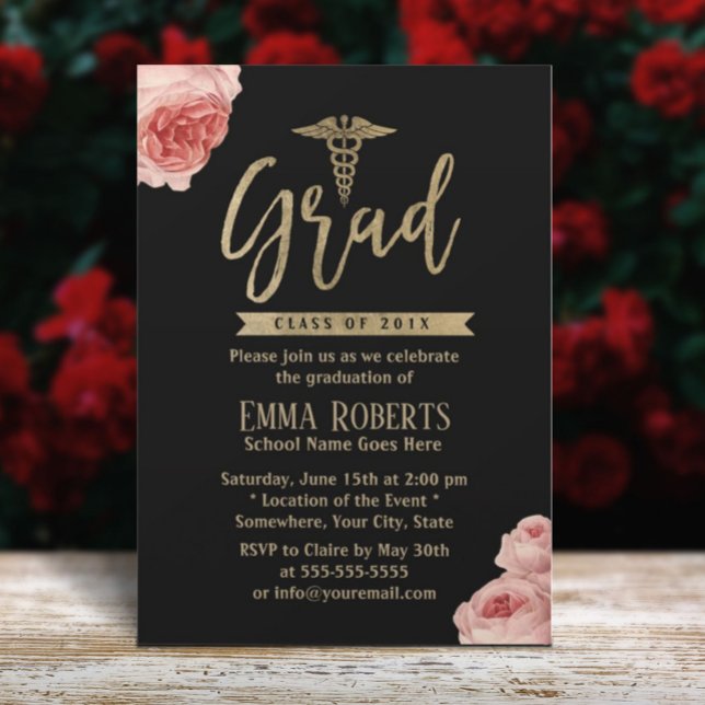Elegante Floral Gold Medical Nurse Graduation Part Einladung (Von Creator hochgeladen)