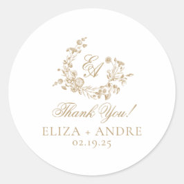 Elegante Floral Gold Monogram Wedding Runder Aufkleber