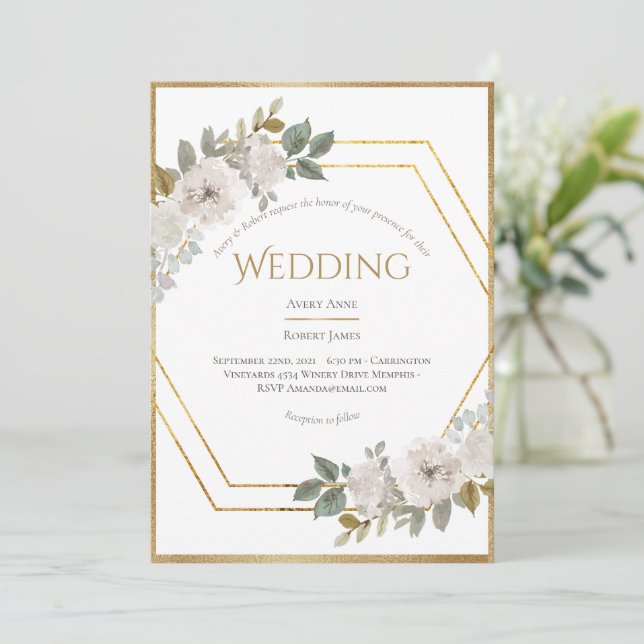 Elegante Floral Gold Rahmen Hochzeit Einladung (Stehend Vorderseite)
