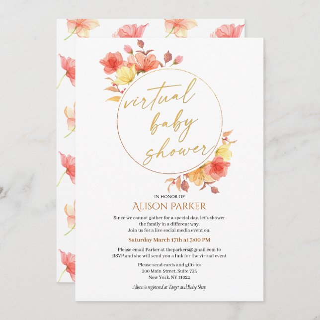 Elegante Floral Gold Script Watercolor Virtual Einladung (Vorne/Hinten)