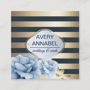 Elegante Floral Gold Streifen auf Mitternachtsblau Quadratische Visitenkarte