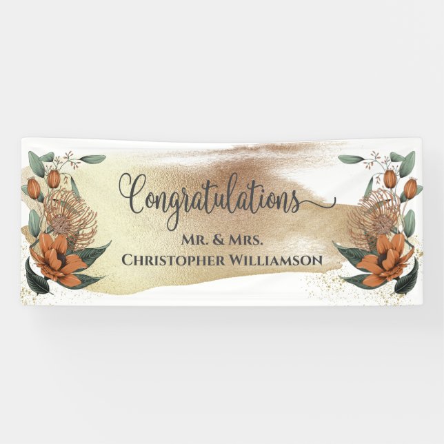 Elegante Floral Gold Weißer Glückwunsch Hochzeit Banner (Horizontal)
