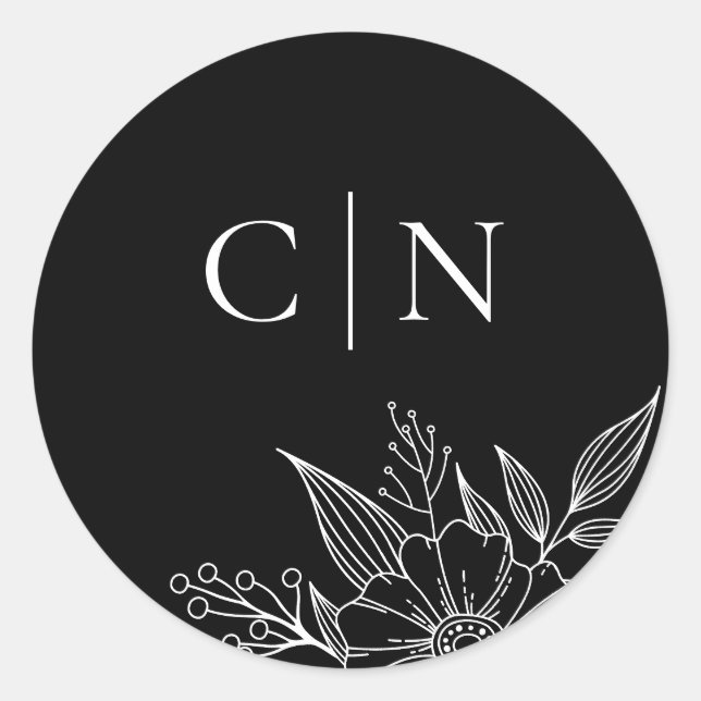 Elegante Floral Monogram Initials Black Wedding Runder Aufkleber (Vorderseite)