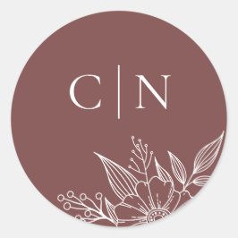 Elegante Floral Monogram Initials Rost Hochzeit Runder Aufkleber