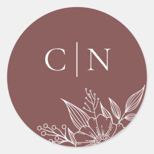 Elegante Floral Monogram Initials Rost Hochzeit Runder Aufkleber