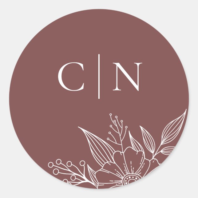 Elegante Floral Monogram Initials Rost Hochzeit Runder Aufkleber (Vorderseite)