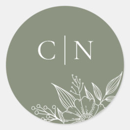 Elegante Floral Monogram Sage Hochzeit Runder Aufkleber