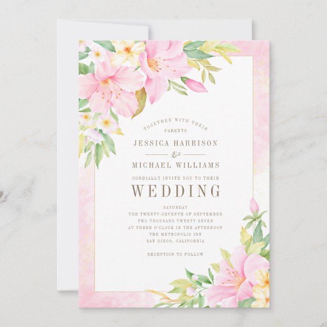 Elegante Floral Monogram Wasserfarbe Rosa Hochzeit Einladung (Vorderseite)
