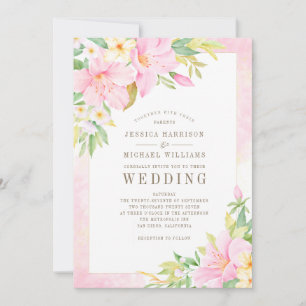 Elegante Floral Monogram Wasserfarbe Rosa Hochzeit Einladung
