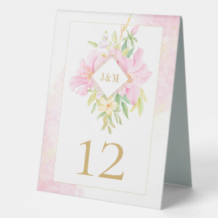 Elegante Floral Monogram Wasserfarbe Rosa Hochzeit Tischaufsteller
