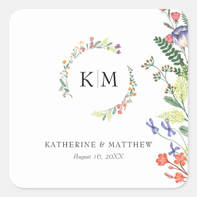 Elegante Floral Monogram Wedding Square Sticker (Vorderseite)