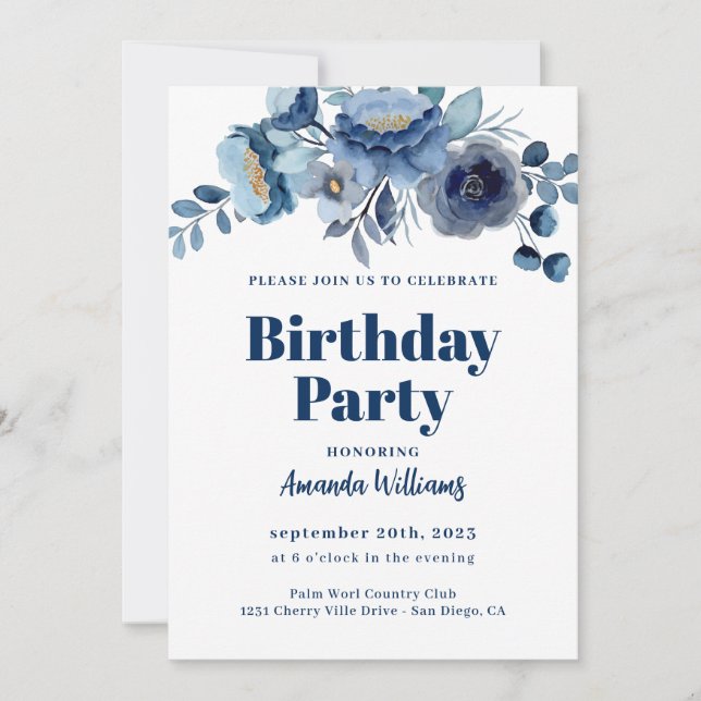 Elégante Floral Navy Blue Anniversaire Invitation (Devant)