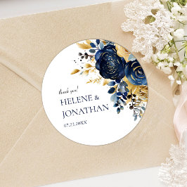 Elegante Floral Navy Blue Gold Terracotta Hochzeit Runder Aufkleber