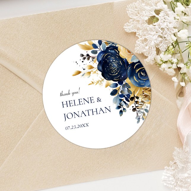 Elegante Floral Navy Blue Gold Terracotta Hochzeit Runder Aufkleber (Elegant Floral Navy Blue Gold Terracotta Wedding Classic Round Sticker)