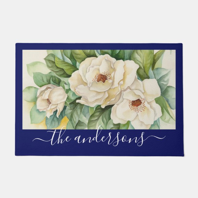Elegante Floral Navy Blue Magnolia Blume Name Fußmatte (Vorderseite)