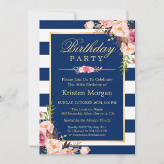 Elegante Floral Navy Blue Stripes Geburtstagsparty Einladung