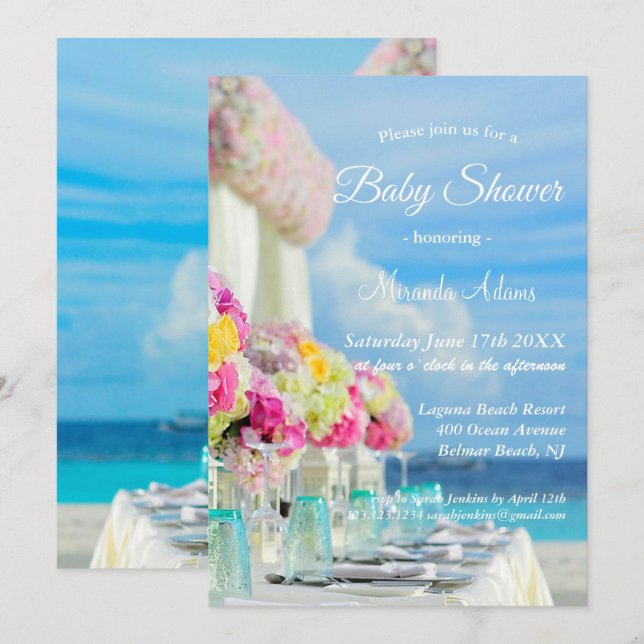 Elegante Floral Ocean Beach Summer Baby Dusche Einladung (Vorne/Hinten)