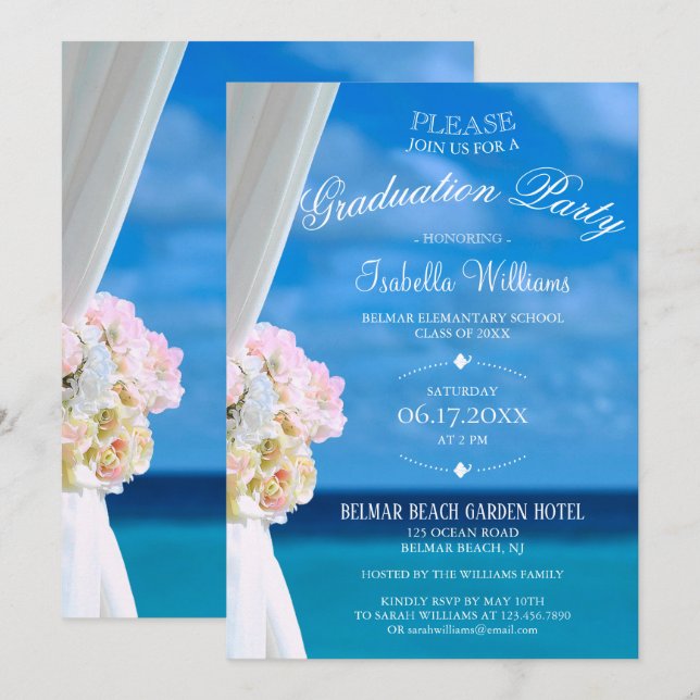 Elegante Floral Ocean Beach Summer Graduation Part Einladung (Vorne/Hinten)
